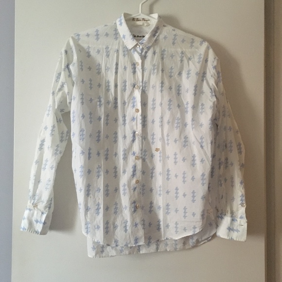 LE SARTE PETTEGOLE Italy White + Blue Cotton Whimsical Blouse 38 S - Picture 1 of 7